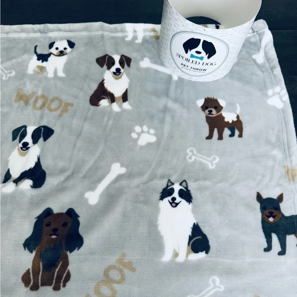 Plush Adorable Puppy Dogs Print Neutral Gray Rolled Pet Throw Blanket